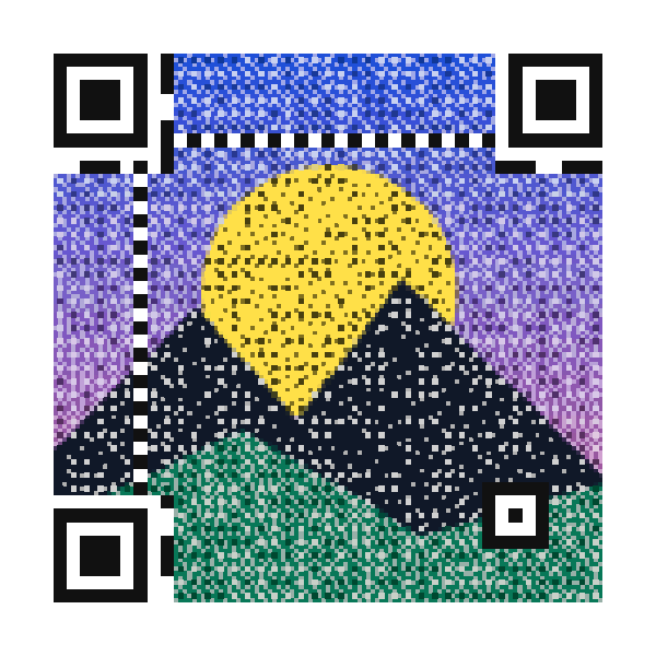 Sample woven QR code: a sunset landscape blended into the dots of a QR code